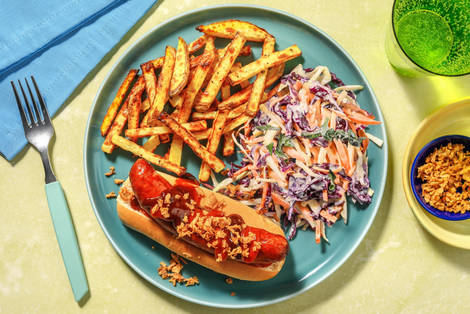 Crispy Onion Topped BBQ Hot Dogs and Chips