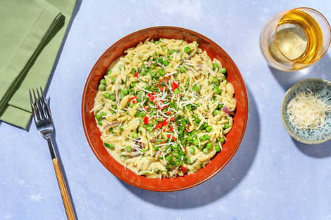 Pea and Pesto Orzo with Prawns