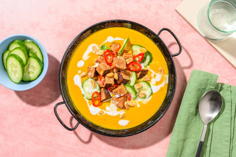 Zuppa esotica di zucca, mazzancolle e tofu