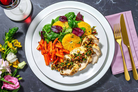 Poulet Rôti Hähnchen mit karamellisierten Karotten