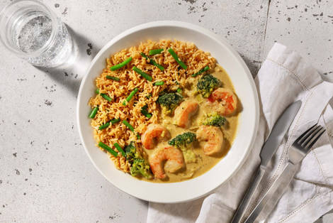 Groene curry met garnalen en bruine rijst