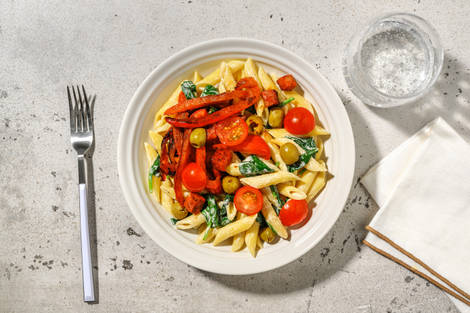 Romige pasta met chorizo en olijven