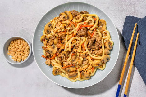 Làcháng chǎomiàn - Udon saltati alle mazzancolle e funghi