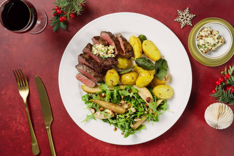 Hirschsteak mit Senfbutter und Salbeikartoffeln