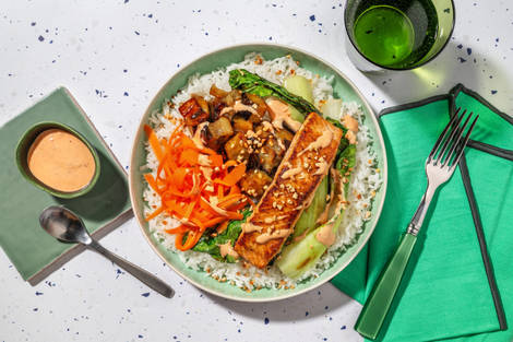 Sticky Miso Aubergine and Salmon Rice Bowl