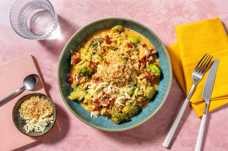 Orzo, chorizo & choux de Bruxelles mijotés