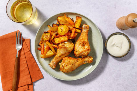 Pilons de poulet rôtis & légumes racines