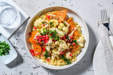 Geroosterde bloemkool en zoete aardappel met bulgur