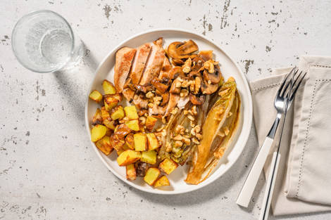 Endives braisées & porc sauce champignons