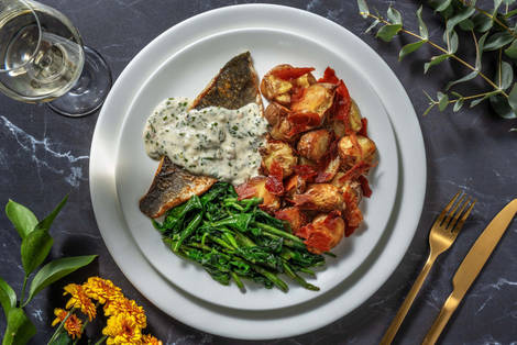 Gyldenstegt dorade og sprød prosciutto