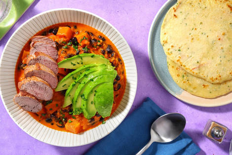 Süßkartoffel-Kokos-Eintopf & extra Bio-Schweinestreifen