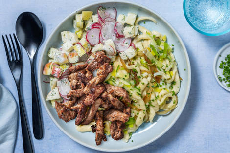 Porree-Spätzle-Pfanne mit extra Bio-Schweinefleisch