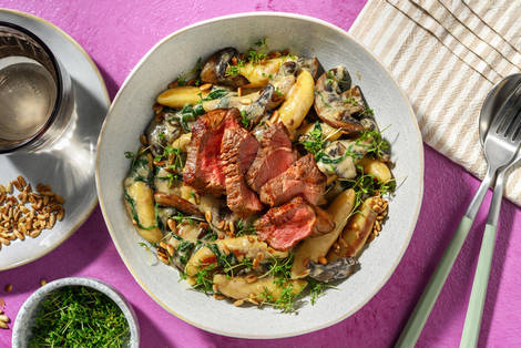 Schupfnudeln in Portobello-Soße & extra Rindersteak