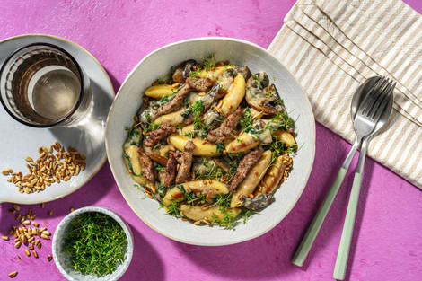 Schupfnudeln in Portobello-Soße & extra Bio-Schweinestreifen