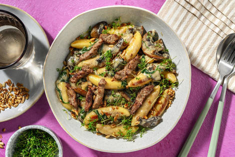 Schupfnudeln in Portobello-Soße & extra Bio-Schweinestreifen