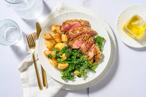 Pesto Crusted Lamb Steak and Roast Potatoes
