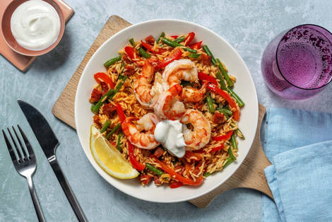 Riesengarnelen auf Reis mit Chorizo 