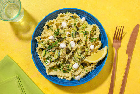Mafaldine crémeuses aux bouchées de fromage de chèvre au miel