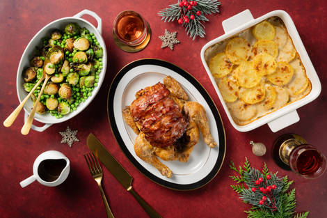 Bacon Wrapped Roast Chicken and Red Wine Jus