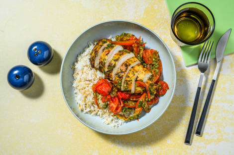 Pesto Chicken Traybake and Garlic Rice