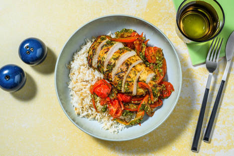 Pesto Chicken and Bacon Traybake and Garlic Rice