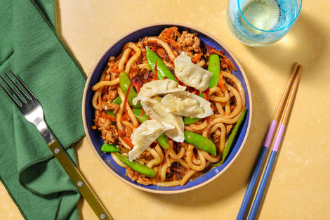 One Pan Ginger Hoisin Pork and Vegetable Gyoza Udon