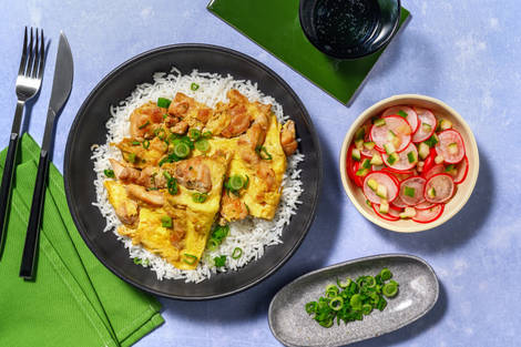 Oyakodon Donburi met teriyaki-omelet en kippendij