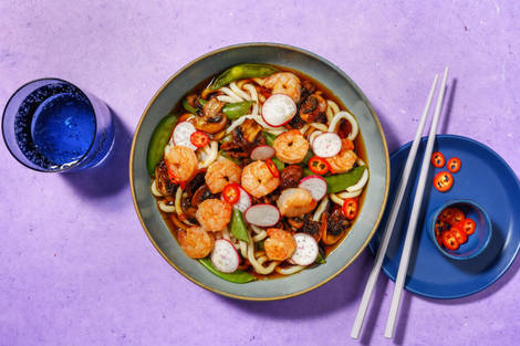 Pikante knoflookgarnalen met udonnoedelsoep