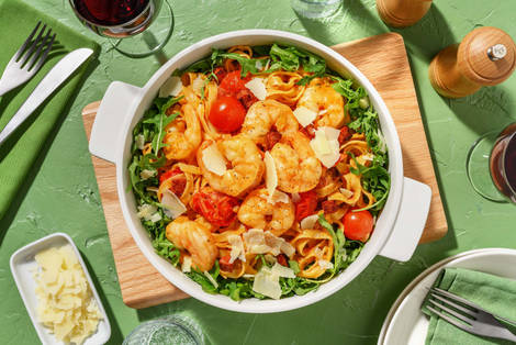 Chorizo et crevettes poêlés avec tagliatelle fraîches