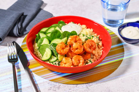 Bol rápido de langostinos a la miel con cuscús