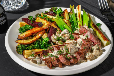 Stegt rumpsteak og cremet svampesauce