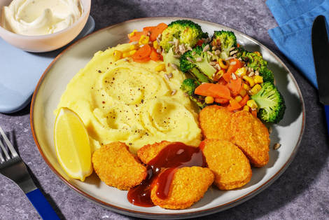 Veganske nuggets og hvidløgskartoffelmos