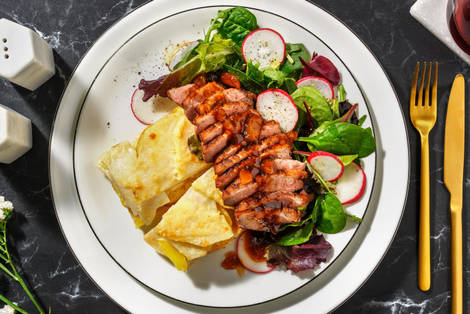 Gyldenstegt andebryst og abrikos-balsamicoglaze