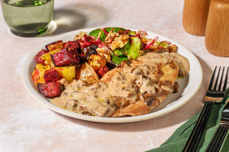 Ovnsbakt kylling i kremet soppsaus