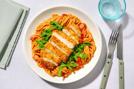 Chicken Milanese on Jerk Spiced Bacon Spaghetti