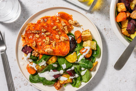 Appelsin-harissakylling  og bagte rodfrugter