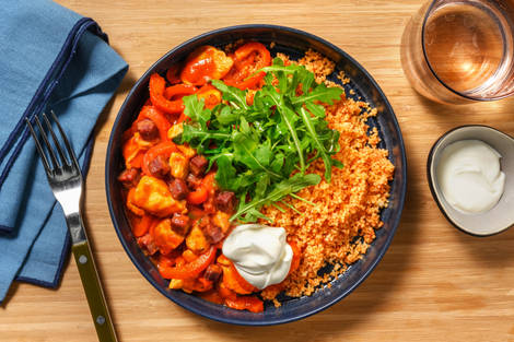 Tex-Mex Style Smoky Chicken and Chorizo Couscous Bowl