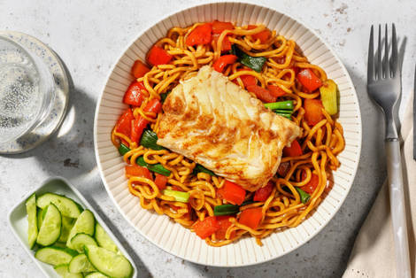 Kabeljauwfilet met zwarte-bonennoedels