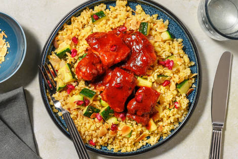 Poulet en sauce harissa-grenade et amandes effilées