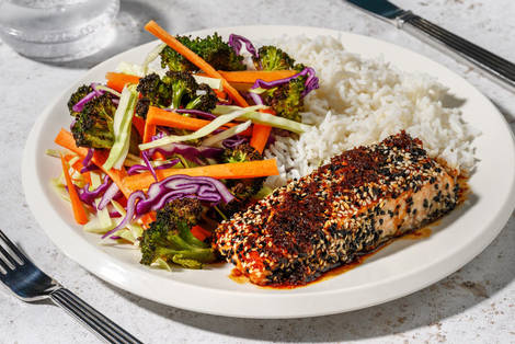 Sesampanerad öring och teriyakisås med extra räkor