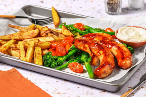 BBQ Glazed Honey Mustard Double Sausage Traybake