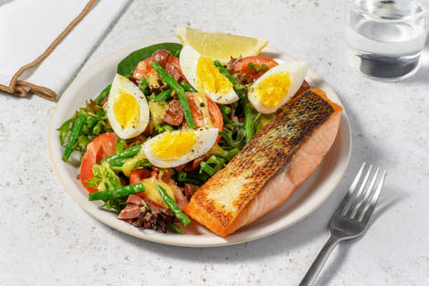 Seared Salmon, Haloumi & Nicoise-Style Salad