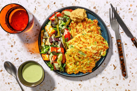 Cheesy Zucchini Fritters, Haloumi & Veggie Salad