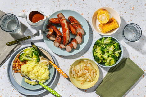 Pork Bangers, Bacon & Garlicky Mash Station