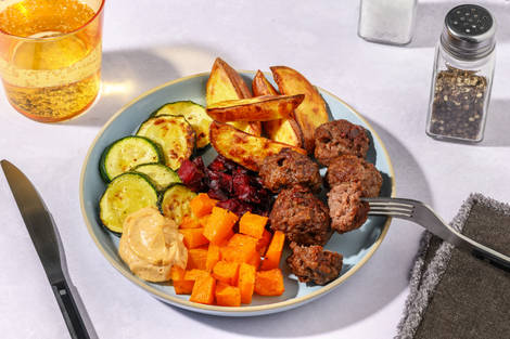 Beef Meatballs & Rainbow Veggie Traybake 