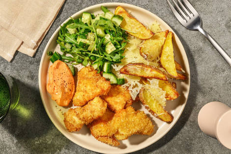 Crispy Chicken Goujons and Cheesy Wedges
