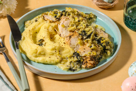 Roasted Chicken Thighs and Cheesy Leek Sauce