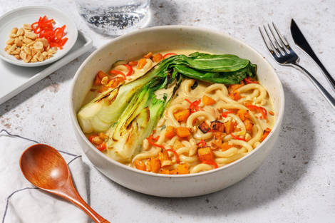 Ovnsbakt gresskar i ingefær- og kokosnudelsuppe