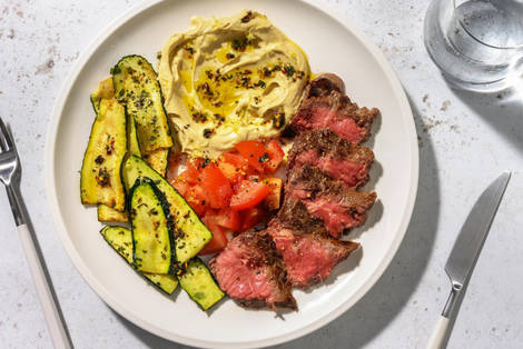Bistecca di scamone e hummus aromatico di ceci