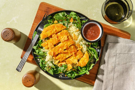 Escalope vegano crujiente con vinagreta de fresa